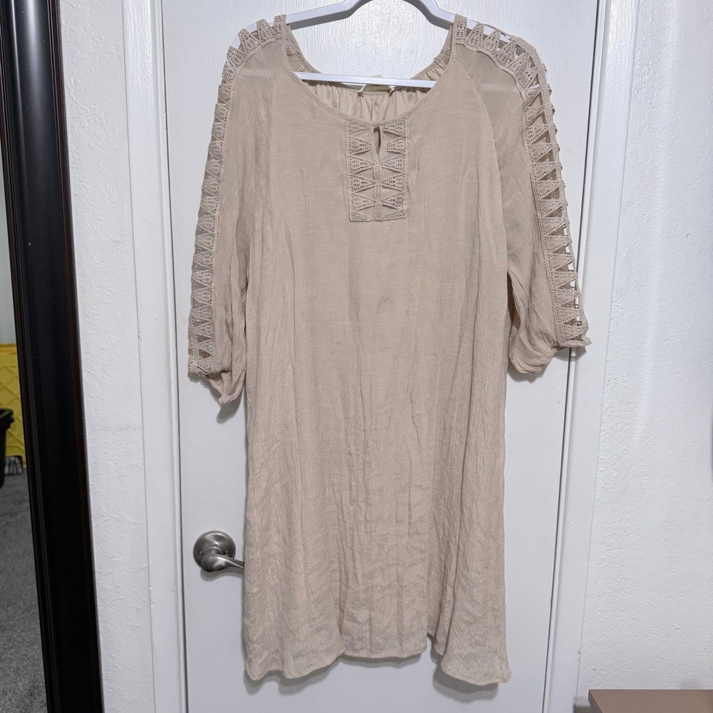 Indigo Rose Beige Boho Dress 2X 3/4 Sleeve Crochet Lace Keyhole